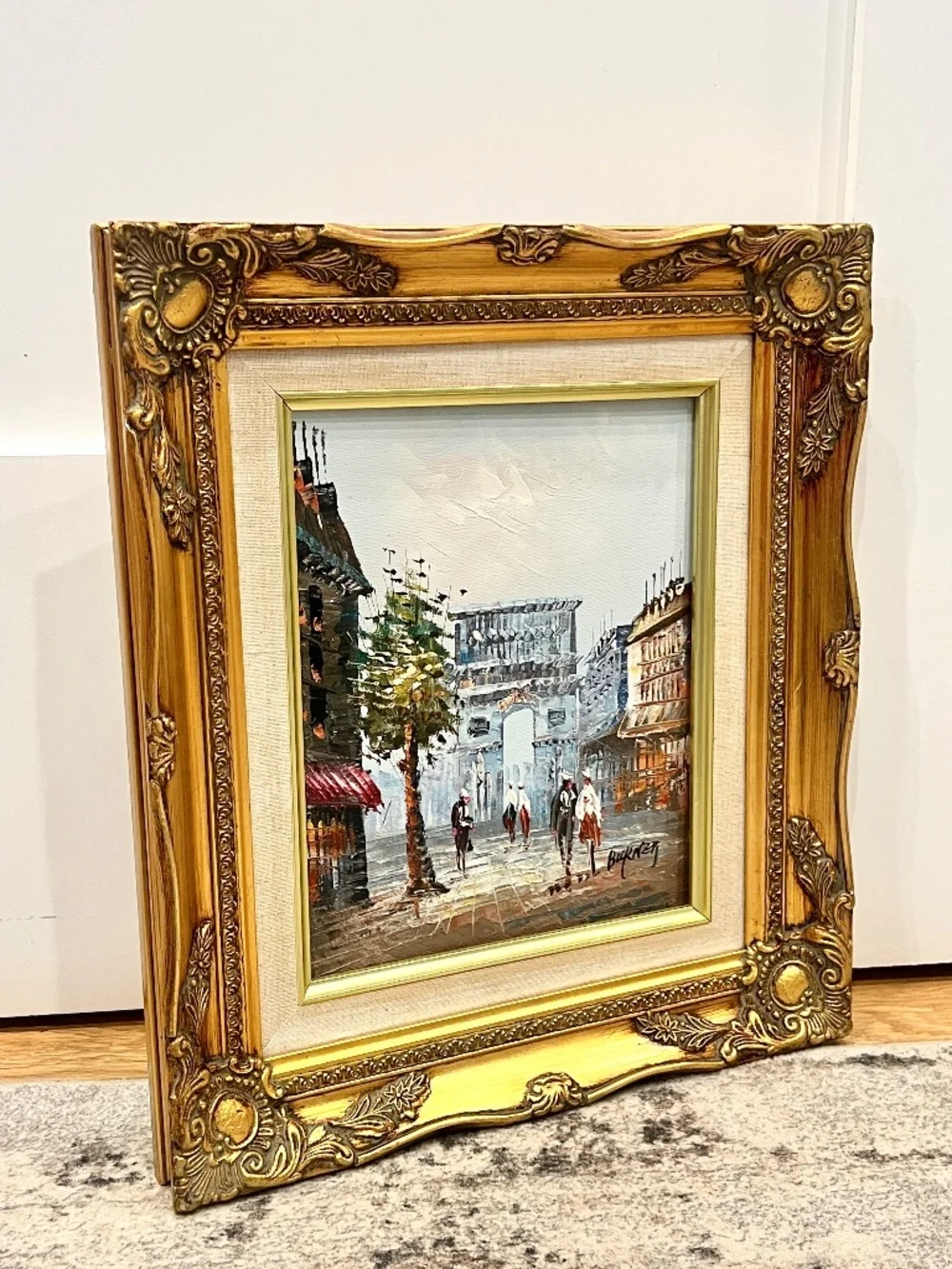 Vintage Oil Painting Parisian Street Gold Tone Ornate Frame 13" x 15" - Picture 3 of 14